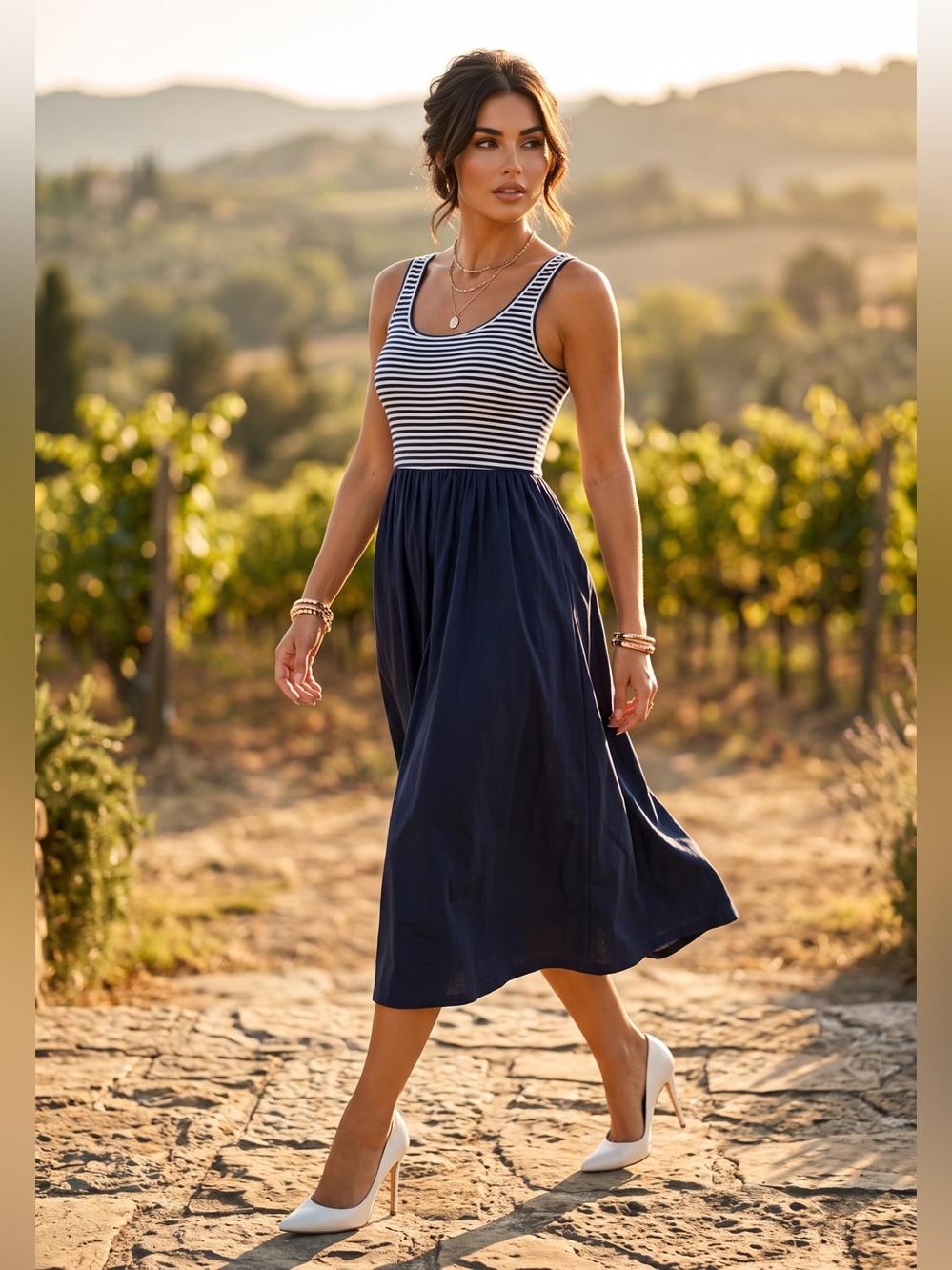 Talbots poplin Navy and White Striped Tank Midi Dress